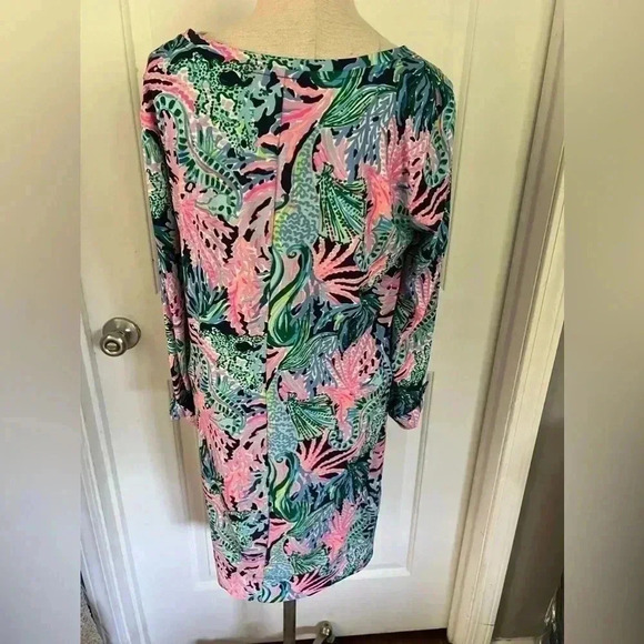 Lilly Pulitzer Linden Dress Blue Pink Ocean Print Seahorse Coral Reef 3/4 Sleeve - Picture 3 of 4